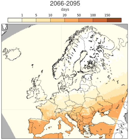 Map of a climate impact index from the ECDE&rsquo;s Forestry sector showing the projected change in the number of days per year with high fire danger under a high greenhouse gas emission scenario known as RCP8.5 for the period 2066-2095.